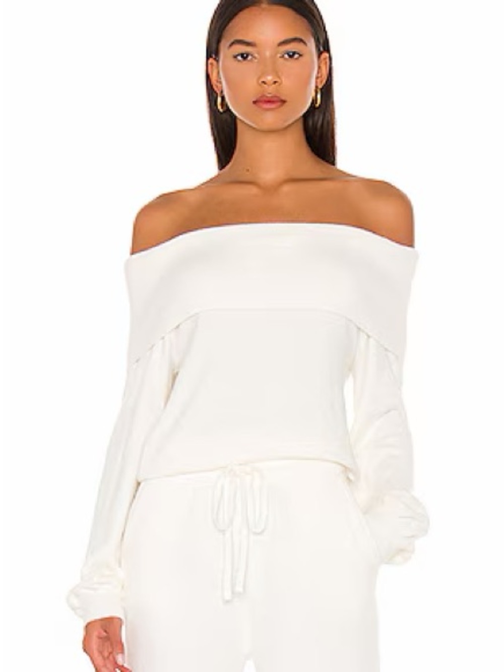 Revolve Off-the-Shoulder Ribbed Foldover Sweater - White